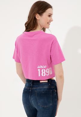 Kadın Pembe Bisiklet Yaka Crop Tişört - 50248957002