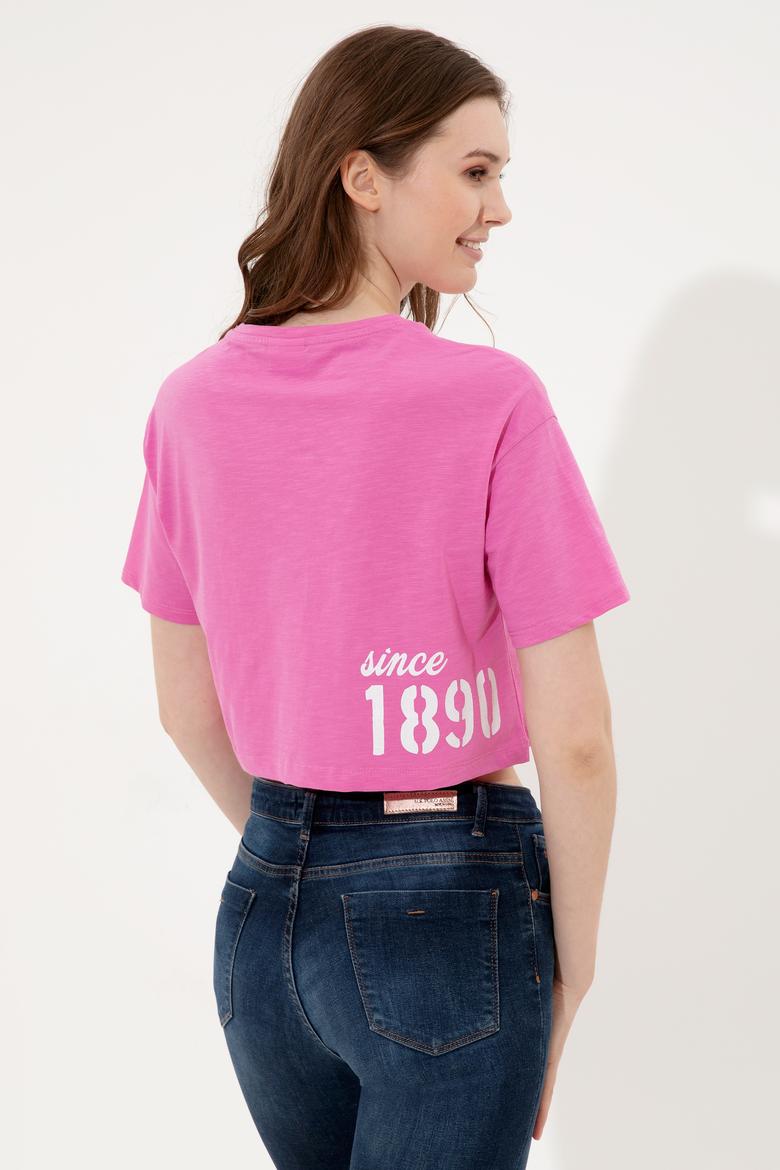 Kadın Pembe Bisiklet Yaka Crop Tişört - 50248957002