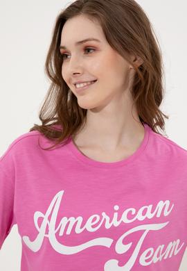 Kadın Pembe Bisiklet Yaka Crop Tişört - 50248957002