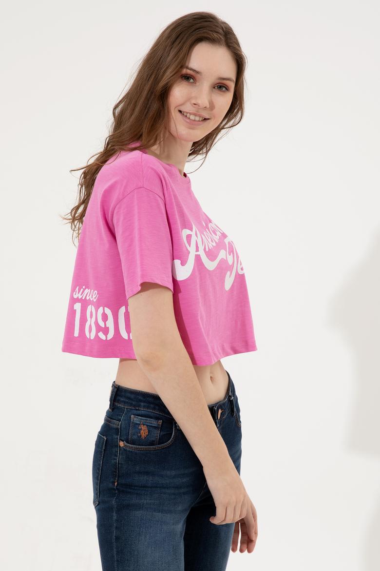 Kadın Pembe Bisiklet Yaka Crop Tişört