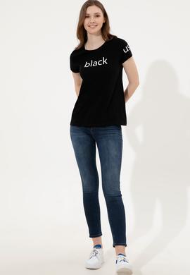 Kadın Siyah Bisiklet Yaka Tişört - 50248142037