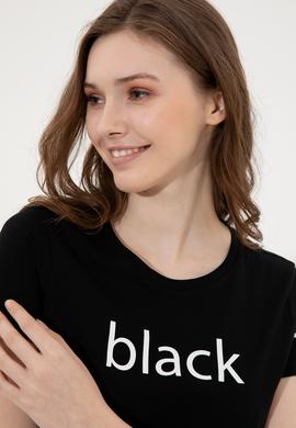 Kadın Siyah Bisiklet Yaka Tişört - 50248142037