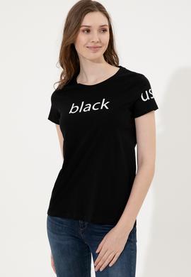 Kadın Siyah Bisiklet Yaka Tişört - 50248142037