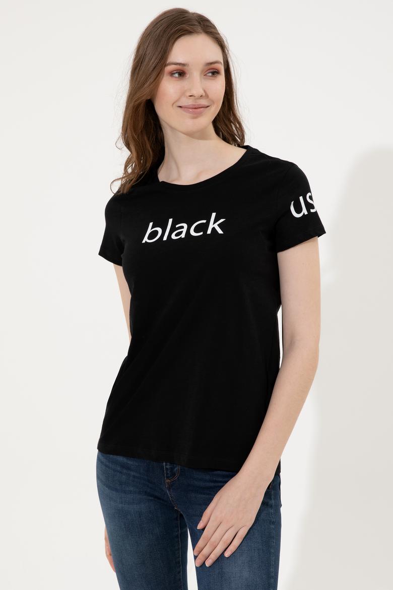 Kadın Siyah Bisiklet Yaka Tişört - 50248142037