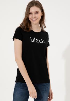 Kadın Siyah Bisiklet Yaka Tişört - 50248142037