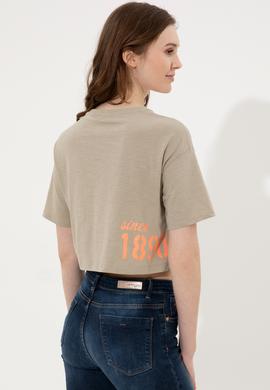 Kadın Haki Bisiklet Yaka Crop Tişört - 50248957024