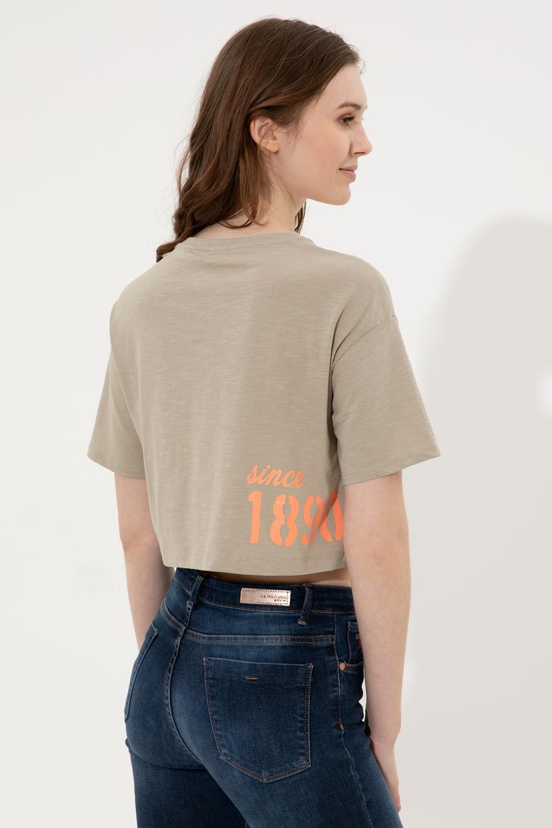 Kadın Haki Bisiklet Yaka Crop Tişört - 50248957024