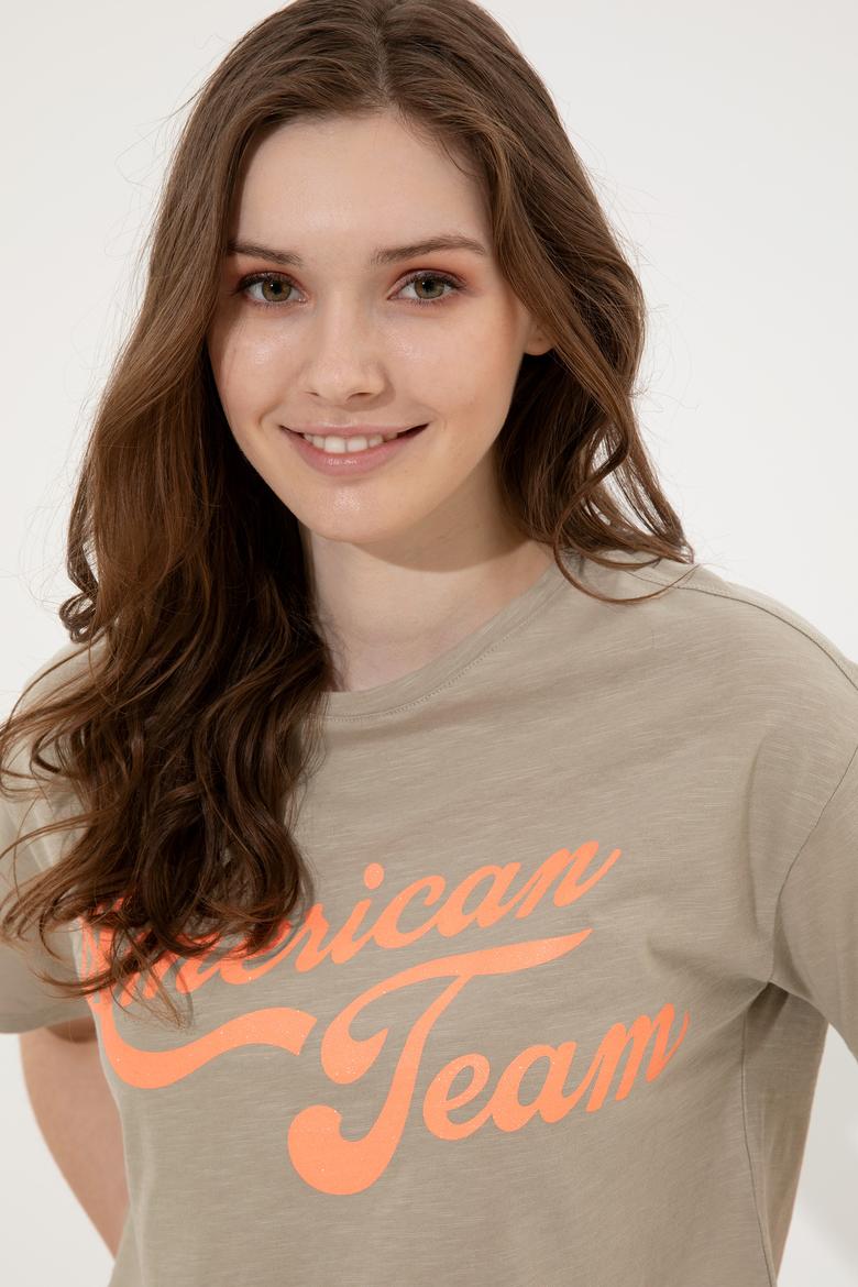 Kadın Haki Bisiklet Yaka Crop Tişört - 50248957024