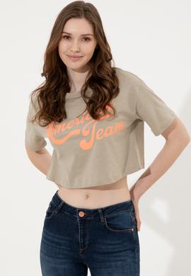 Kadın Haki Bisiklet Yaka Crop Tişört - 50248957024