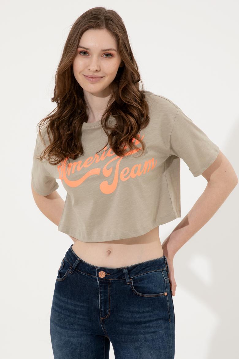 Kadın Haki Bisiklet Yaka Crop Tişört