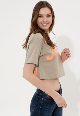 Kadın Haki Bisiklet Yaka Crop Tişört - 50248957024