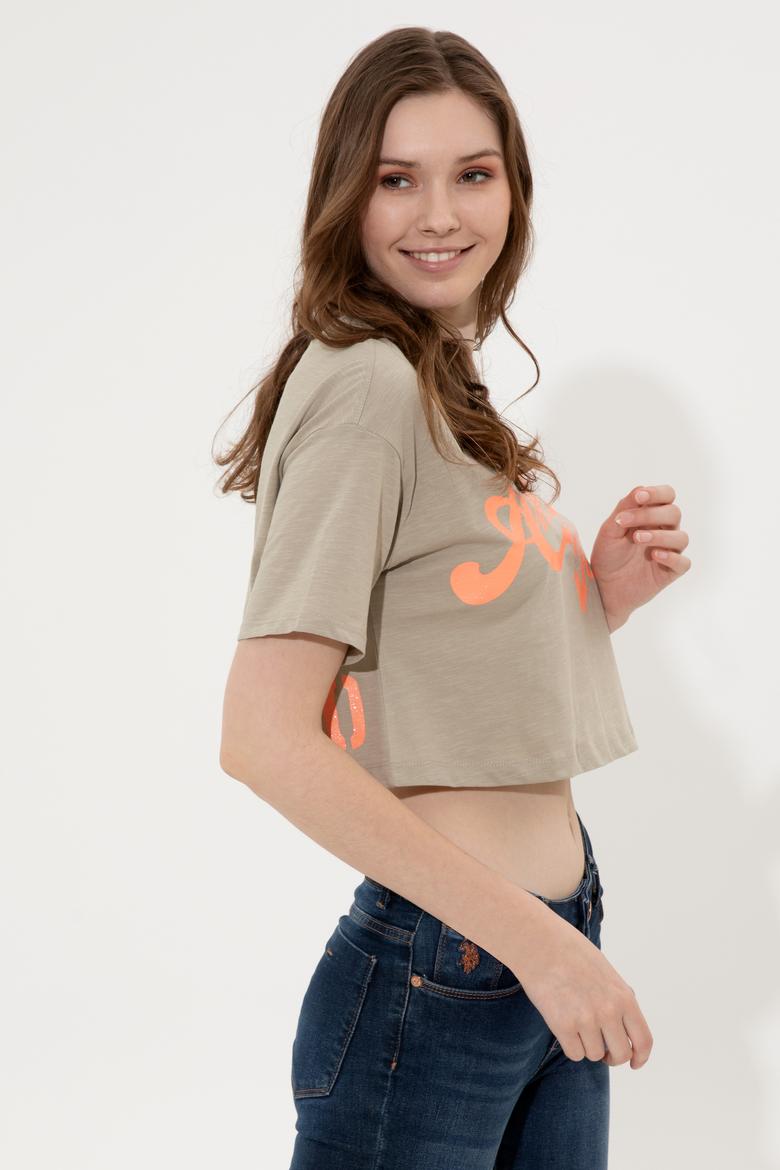 Kadın Haki Bisiklet Yaka Crop Tişört - 50248957024