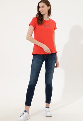 Kadın Kırmızı Bisiklet Yaka Tişört - 50248142062