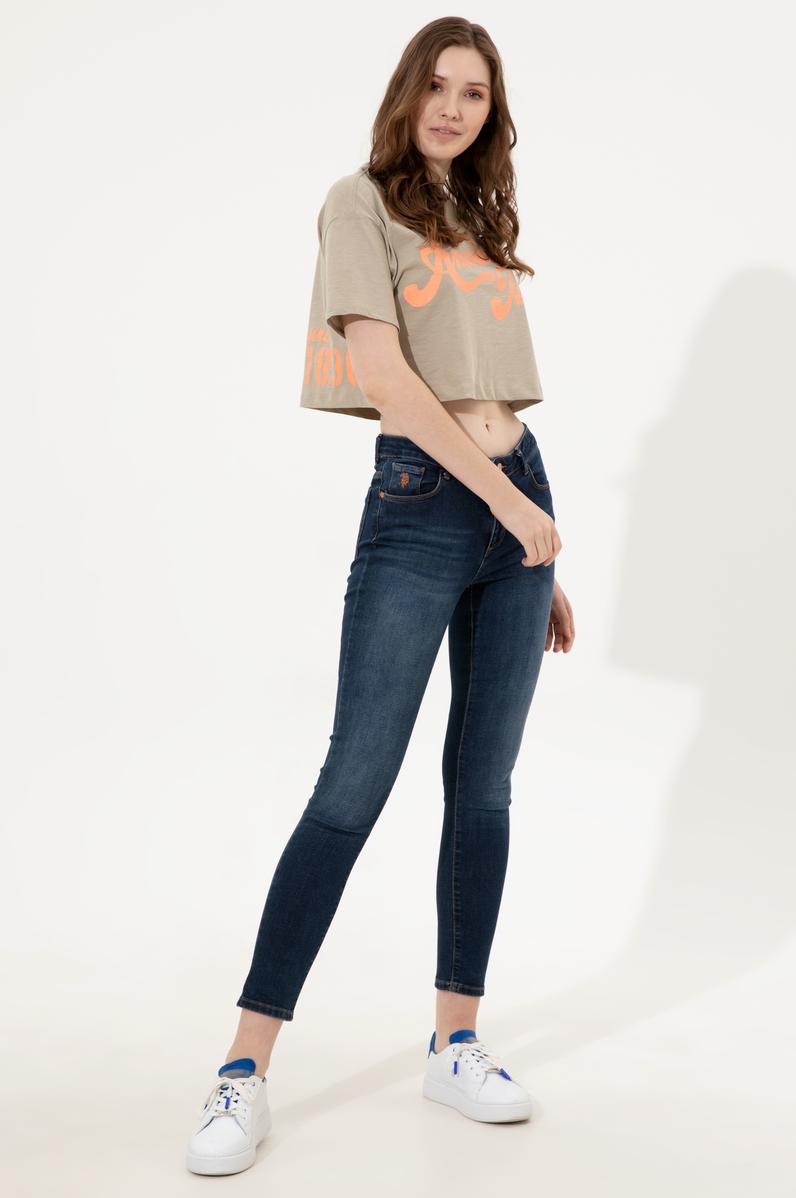 Kadın Haki Bisiklet Yaka Crop Tişört