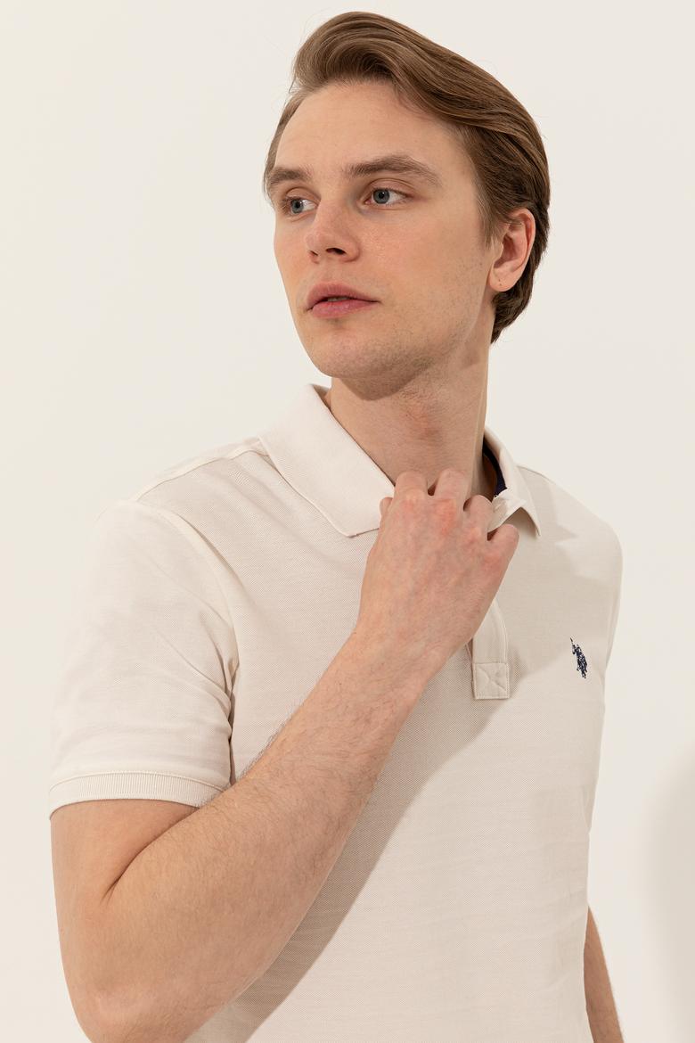 Erkek Ekru Polo Yaka Basic T-Shirt - 50249149056
