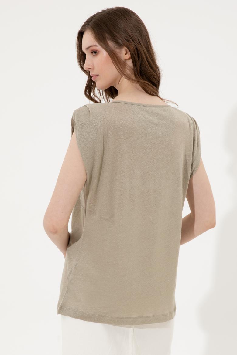 Kadın Haki Bisiklet Yaka Kolsuz Tişört - 50250261013