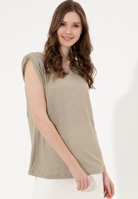 Kadın Haki Bisiklet Yaka Kolsuz Tişört - 50250261013