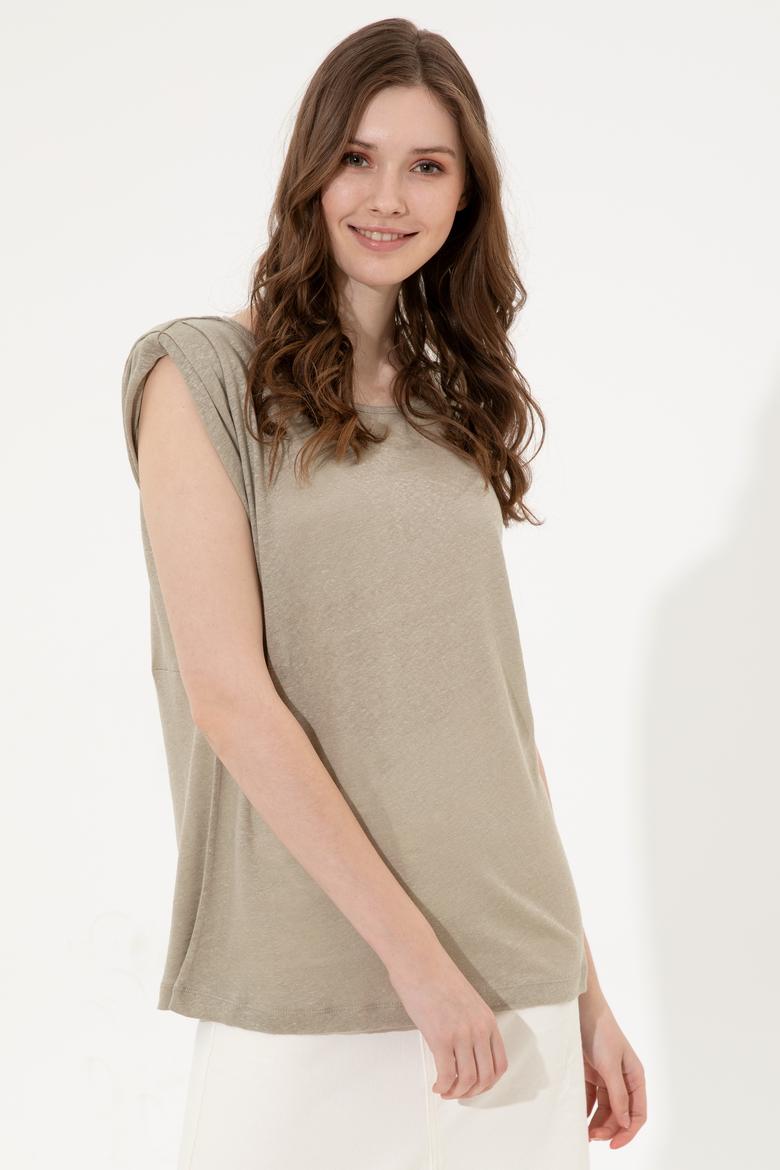 Kadın Haki Bisiklet Yaka Kolsuz Tişört - 50250261013