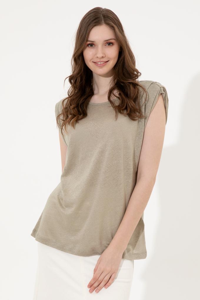 Kadın Haki Bisiklet Yaka Kolsuz Tişört