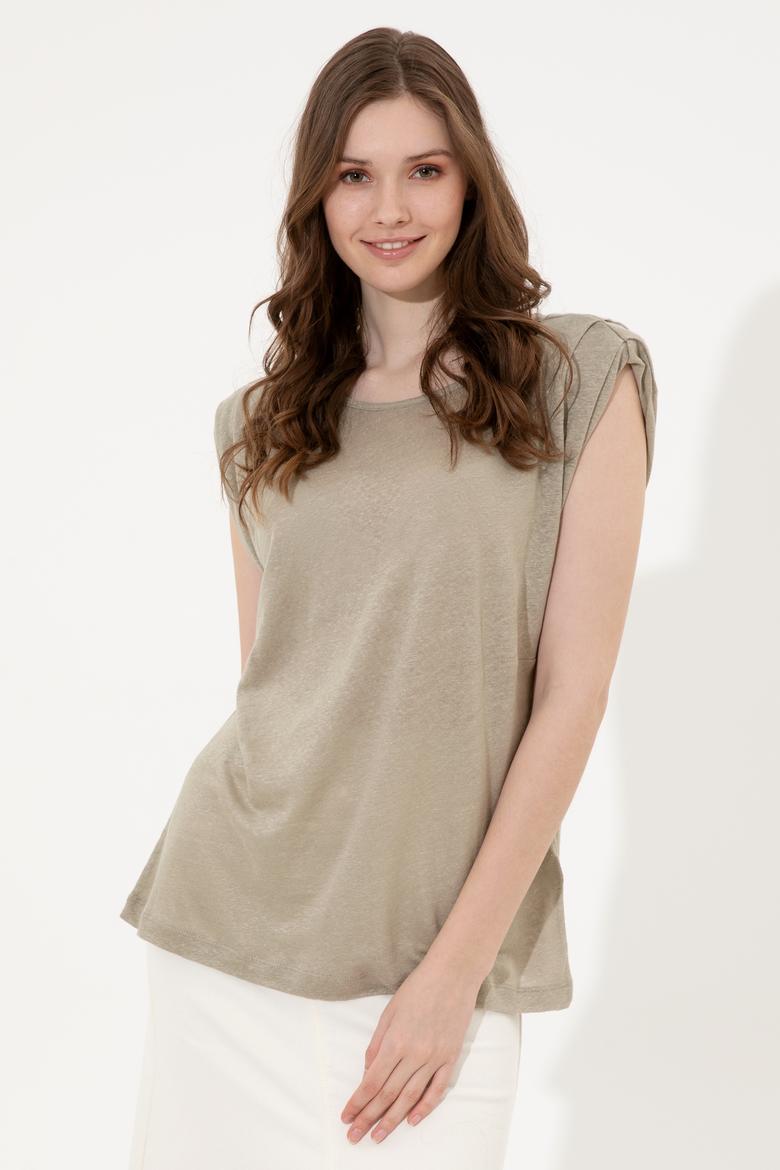 Kadın Haki Bisiklet Yaka Kolsuz Tişört