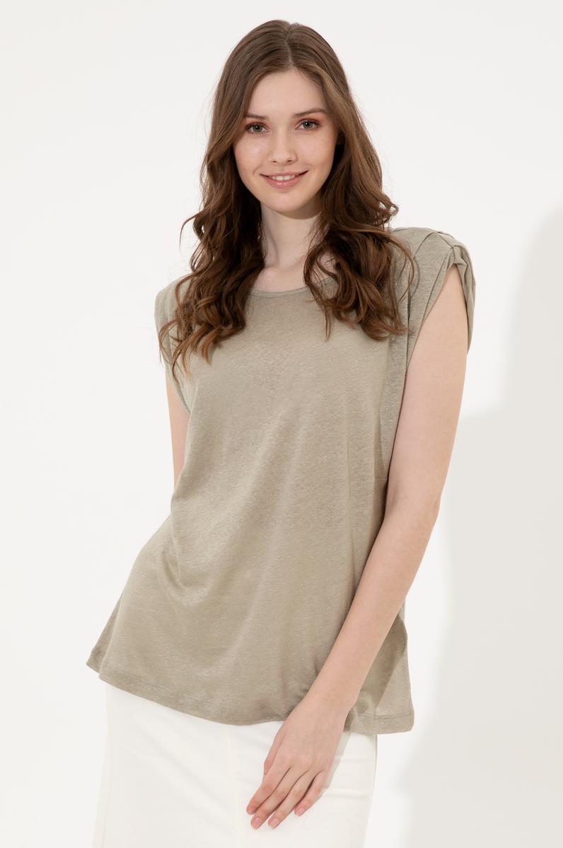 Kadın Haki Bisiklet Yaka Kolsuz Tişört