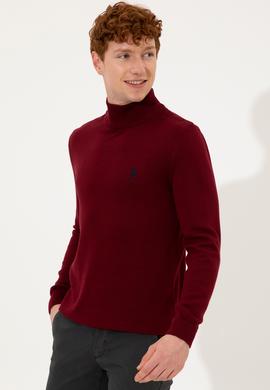 Erkek Bordo Balıkçı Yaka Basic Triko Kazak - 50253449016