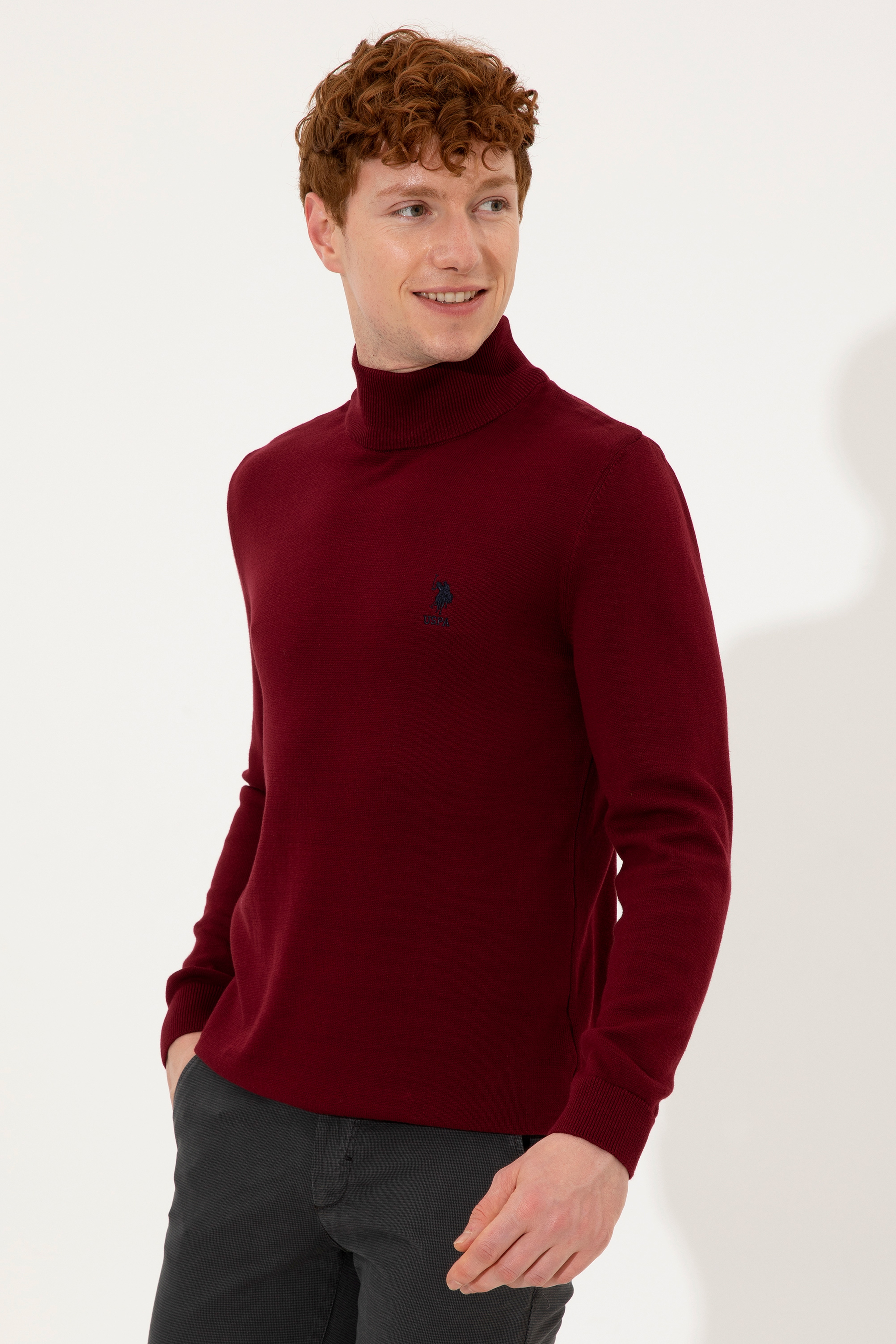 Erkek Bordo Balıkçı Yaka Basic Triko Kazak - Image 1