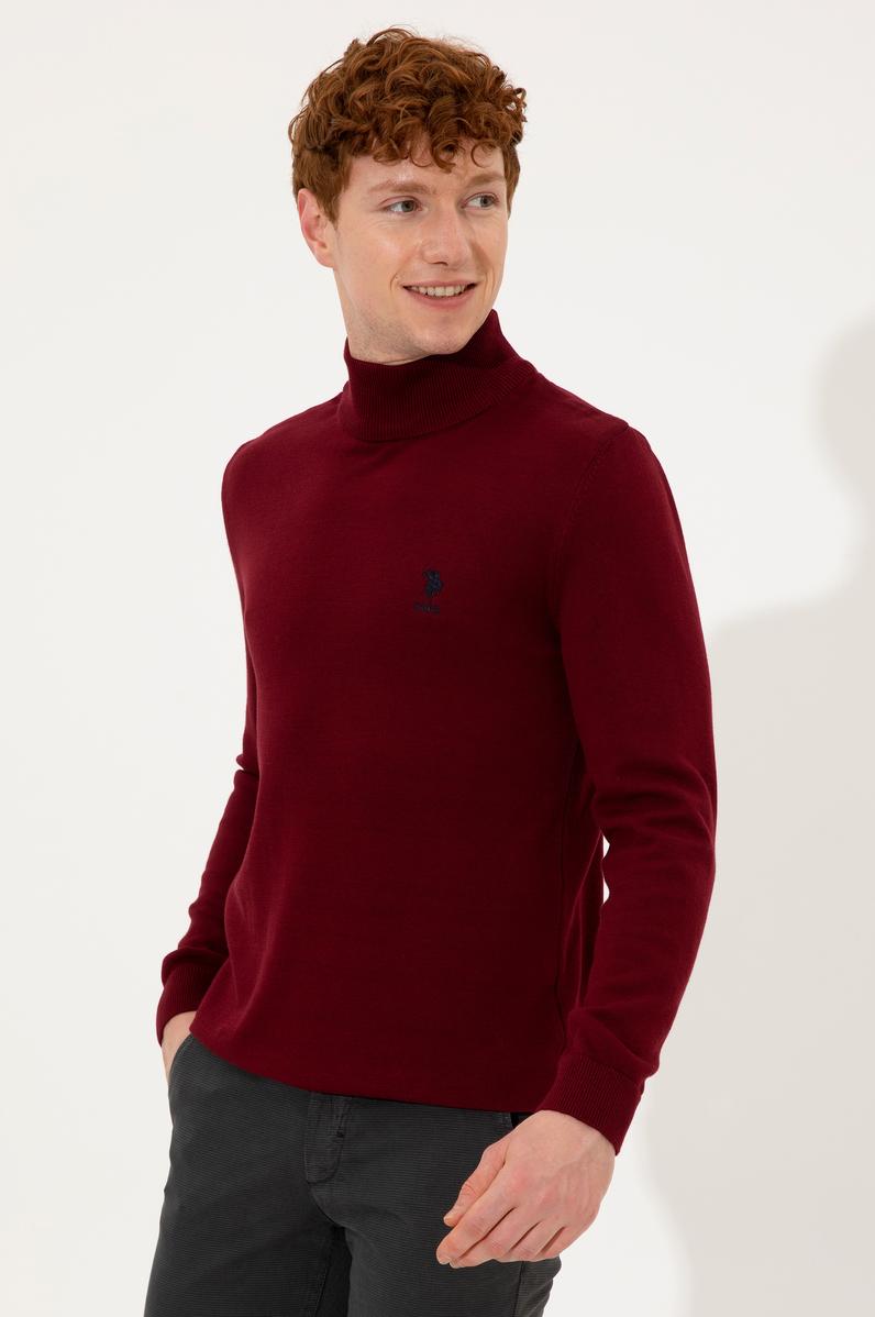 Erkek Bordo Balıkçı Yaka Basic Triko Kazak