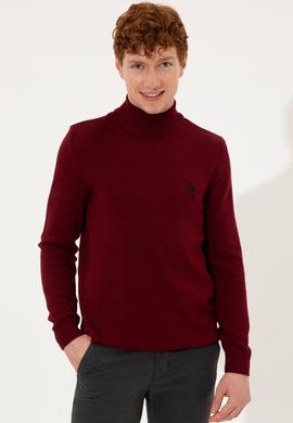 Erkek Bordo Balıkçı Yaka Basic Triko Kazak - 50253449016