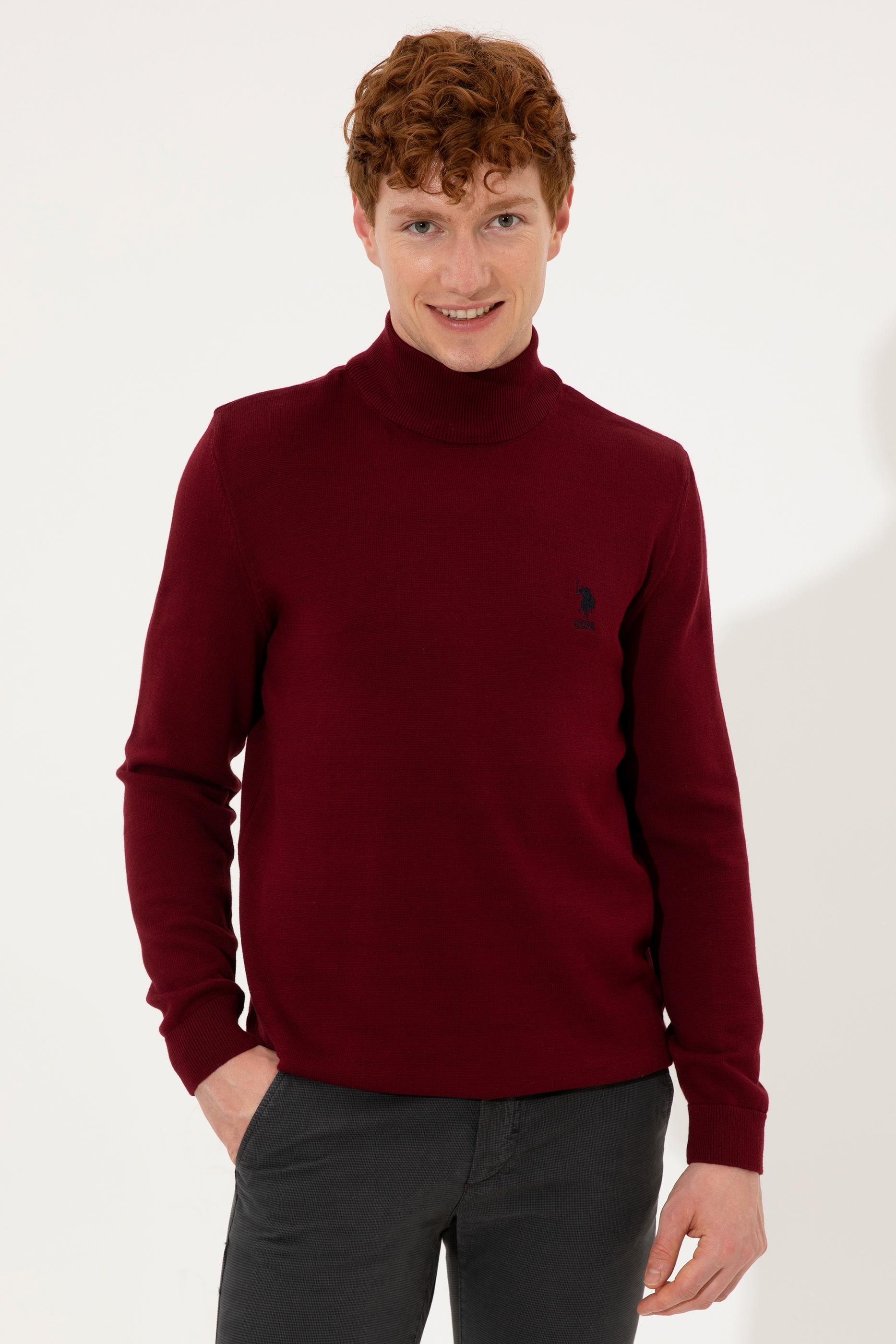 Erkek Bordo Balıkçı Yaka Basic Triko Kazak