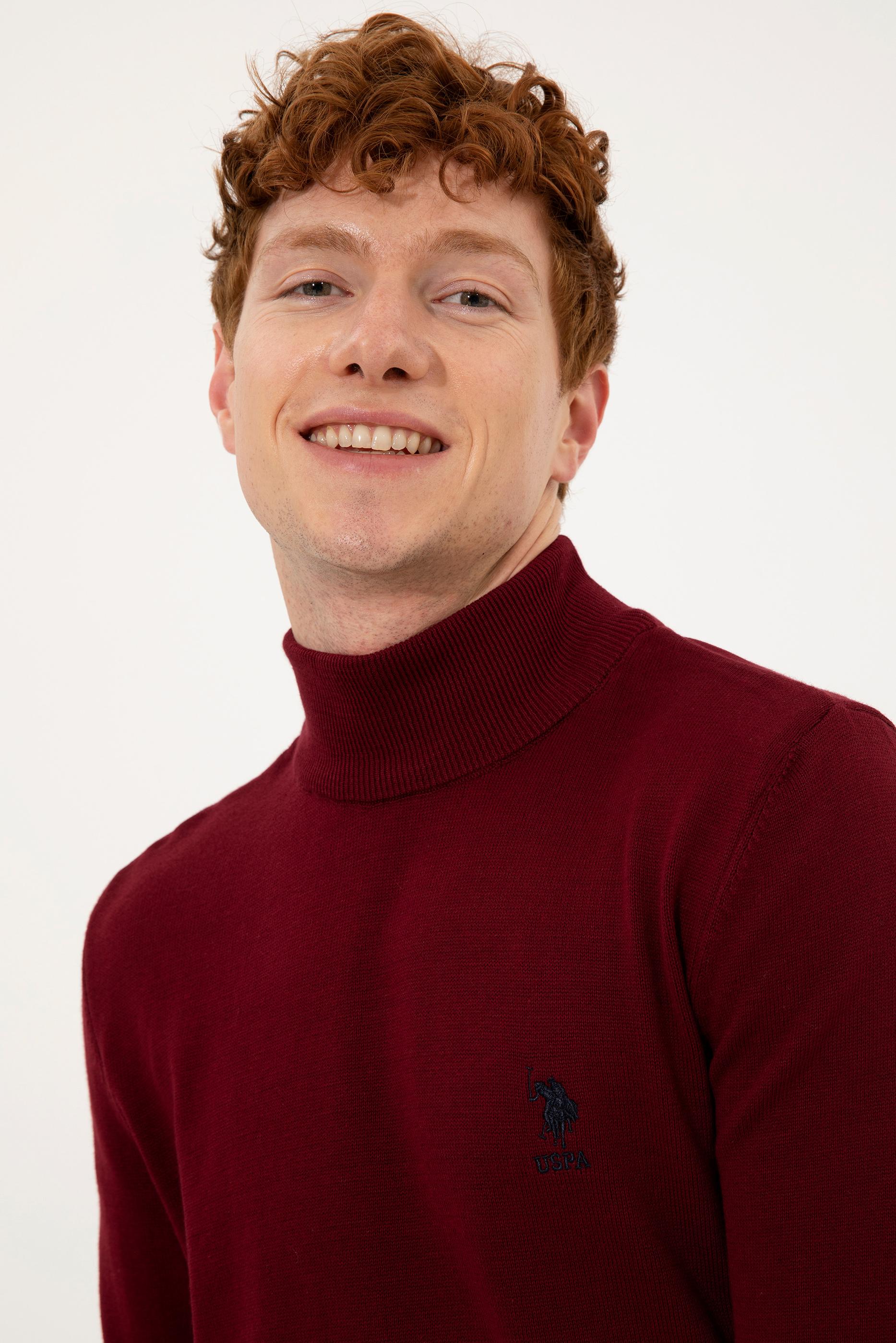 Erkek Bordo Balıkçı Yaka Basic Triko Kazak