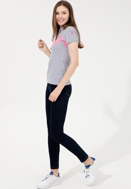 Kadın Gri Melanj Polo Yaka Tişört - 50252261018