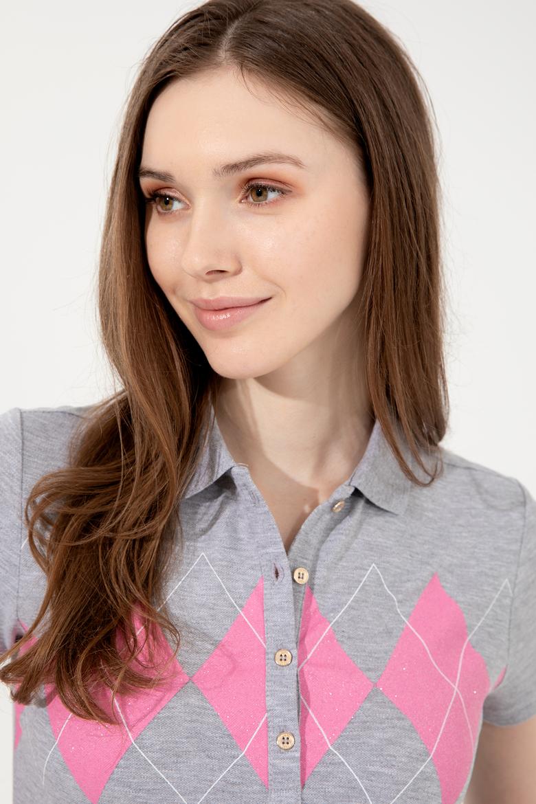 Kadın Gri Melanj Polo Yaka Tişört - 50252261018