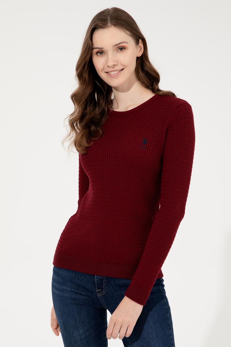 Kadın Bordo Bisiklet Yaka Basic Kazak