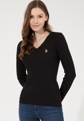 Kadın Siyah V Yaka Basic Kazak - 50255662046