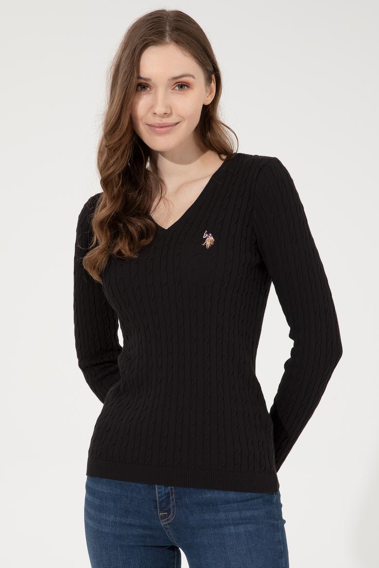 Kadın Siyah V Yaka Basic Kazak - 50255662046