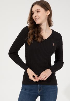 Kadın Siyah V Yaka Basic Kazak - 50255662046