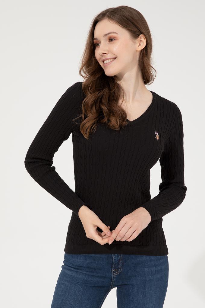 Kadın Siyah V Yaka Basic Kazak