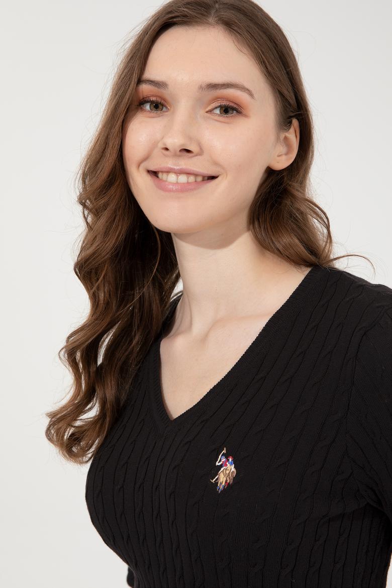 Kadın Siyah V Yaka Basic Kazak - 50255662046