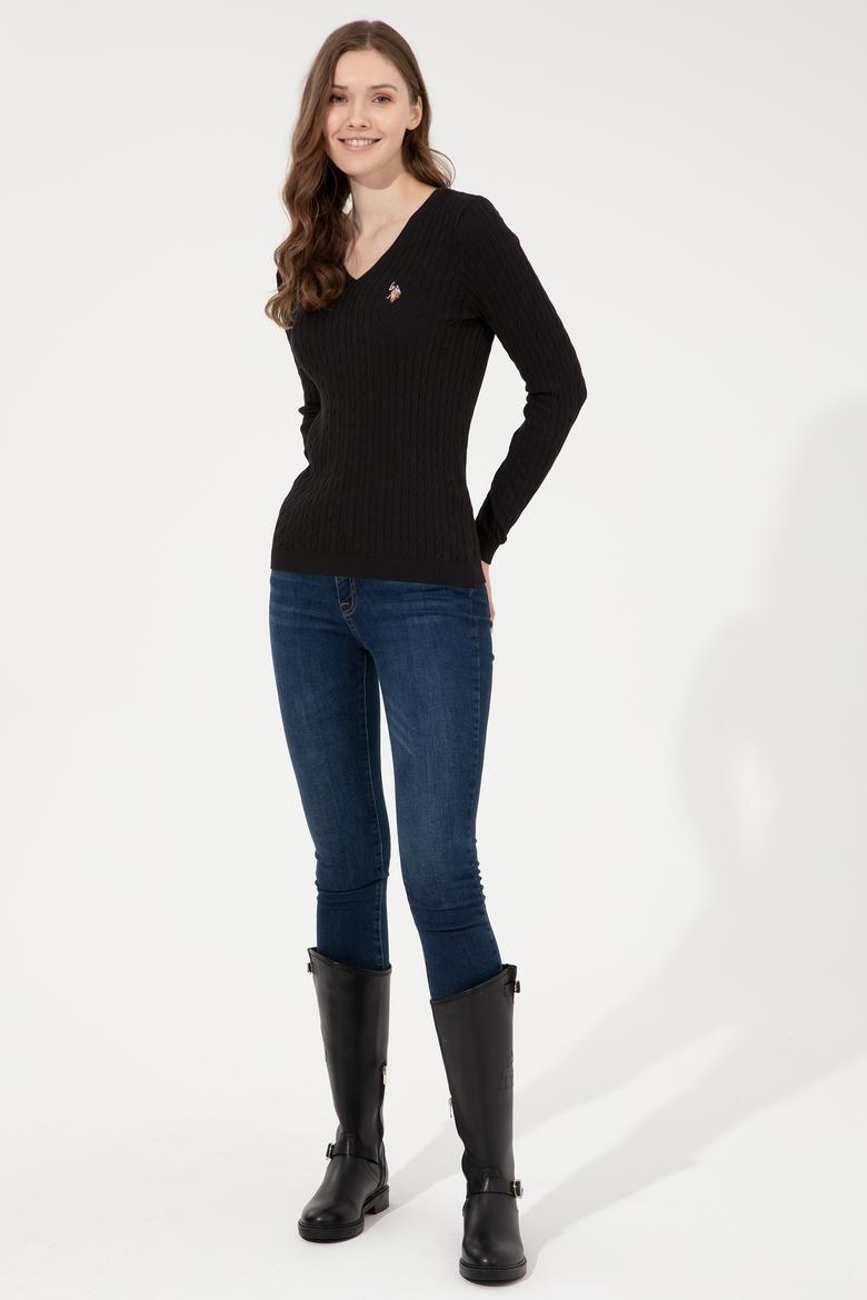 Kadın Siyah V Yaka Basic Kazak - 50255662046