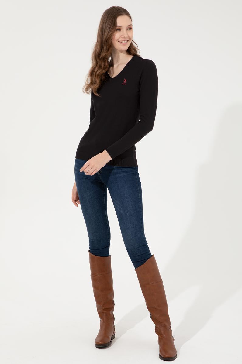 Kadın Siyah Basic V Yaka Kazak