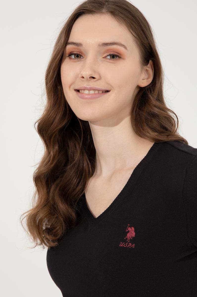 Kadın Siyah Basic V Yaka Kazak