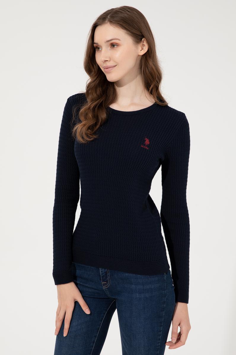 Kadın Lacivert  Bisiklet Yaka Basic Kazak