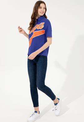 Kadın Mavi Polo Yaka Tişört - 50249029004