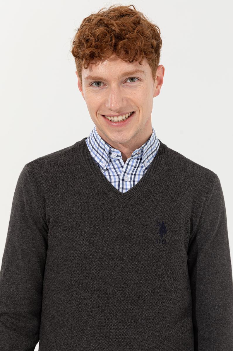 Erkek Antrasit Melanj V Yaka Basic Triko Kazak