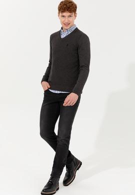 Erkek Antrasit Melanj V Yaka Basic Triko Kazak - 50251877024