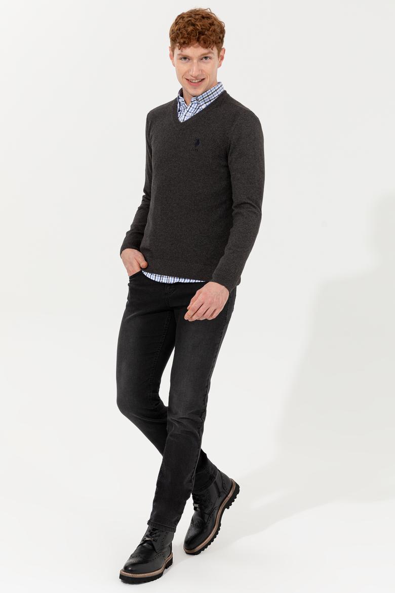 Erkek Antrasit Melanj V Yaka Basic Triko Kazak - 50251877024