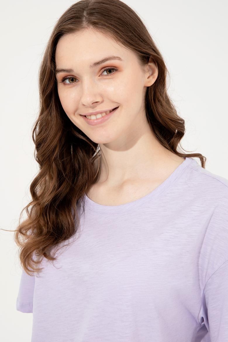 Kadın Lila Bisiklet Yaka Tişört - 50248059054