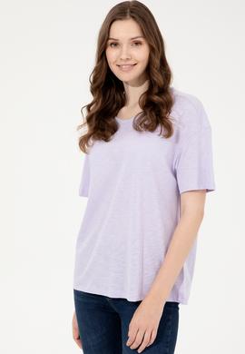 Kadın Lila Bisiklet Yaka Tişört - 50248059054