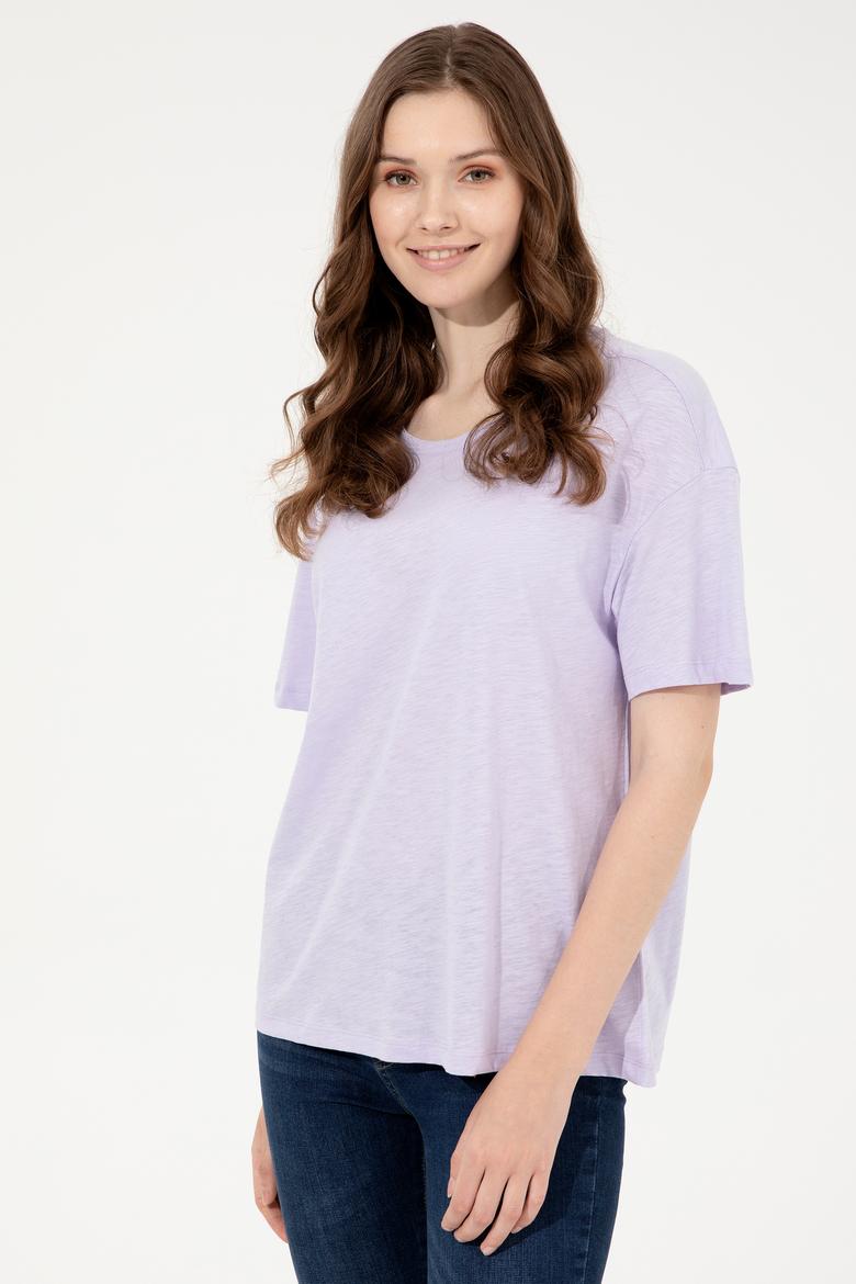 Kadın Lila Bisiklet Yaka Tişört - 50248059054